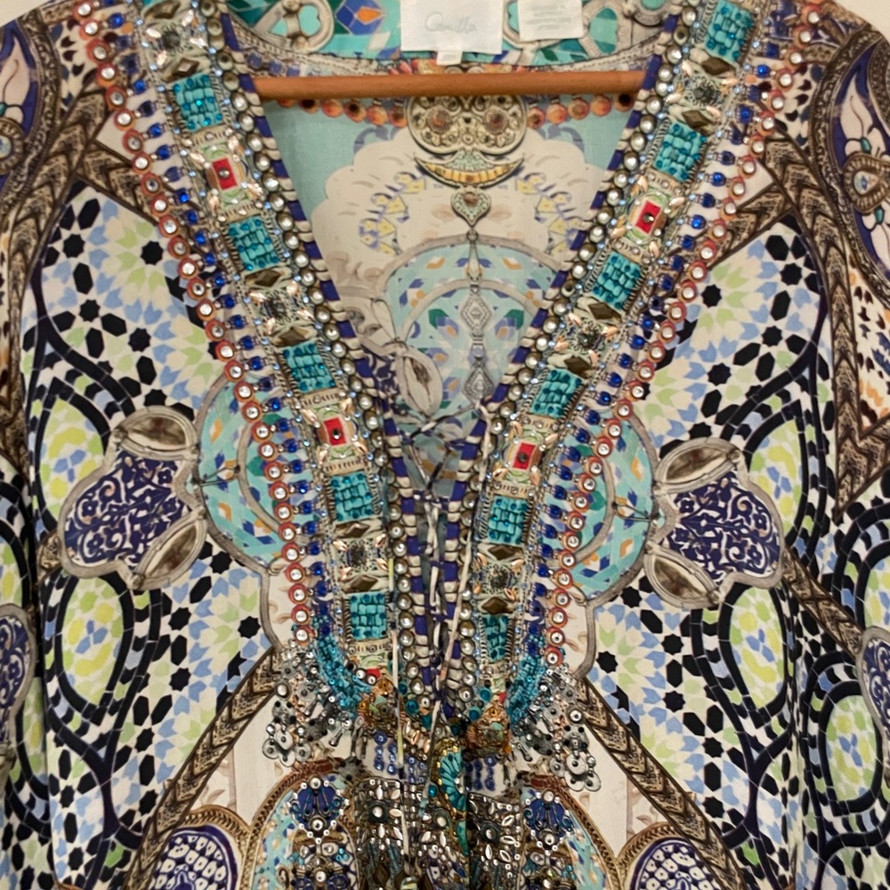 Camilla Franks Short Kaftan w/ added Fringe Hem, Meet Me In Casablanca, Silk, OS - Picture 6 of 9